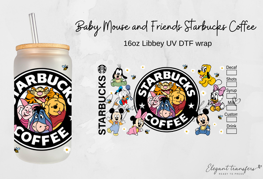 Baby Mouse & Friends Starbucks Coffee Cup Wrap [UV DTF - 16oz Libbey Glass Can] | Ready to Apply | Physical Product | Transfer