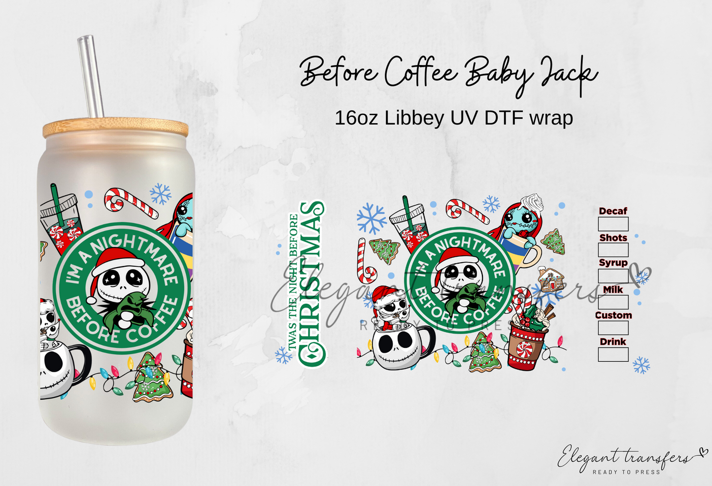 Before Coffee Baby Jack Wrap [UV DTF - 16oz Libbey Glass Can] | Ready to Apply | Physical Product