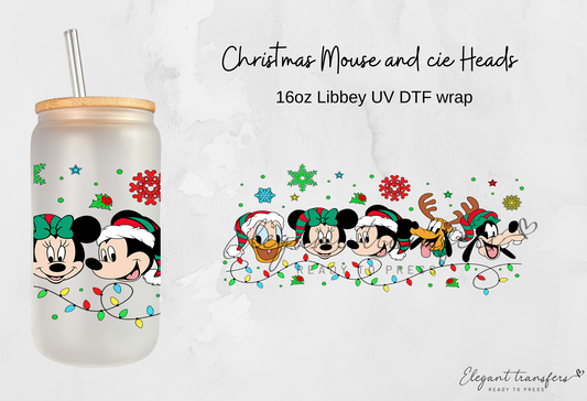 Christmas Mouse and cie Heads Wrap [UV DTF - 16oz Libbey Glass Can] | Ready to Apply | Physical Product | Transfer