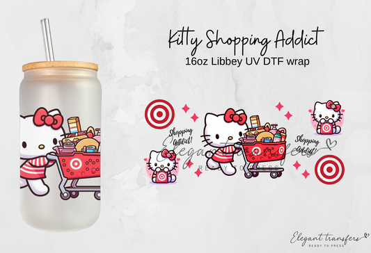 Kitty Shopping Addict Wrap [UV DTF - 16oz Libbey Glass Can] | Ready to Apply | Physical Product | Transfer