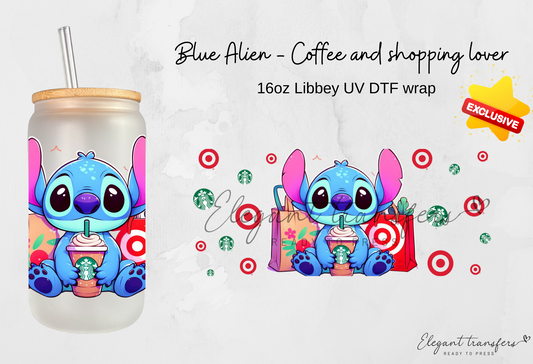 Blue Alien - Coffee and shopping lover Wrap [EXCLUSIVE UV DTF - 16oz Libbey Glass Can] | Ready to Apply | Physical Product