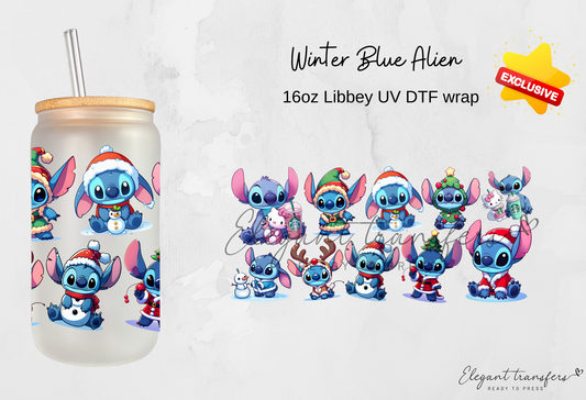 Winter Blue Alien [EXCLUSIVE UV DTF - 16oz Libbey Glass Can] | Ready to Apply | Physical Product