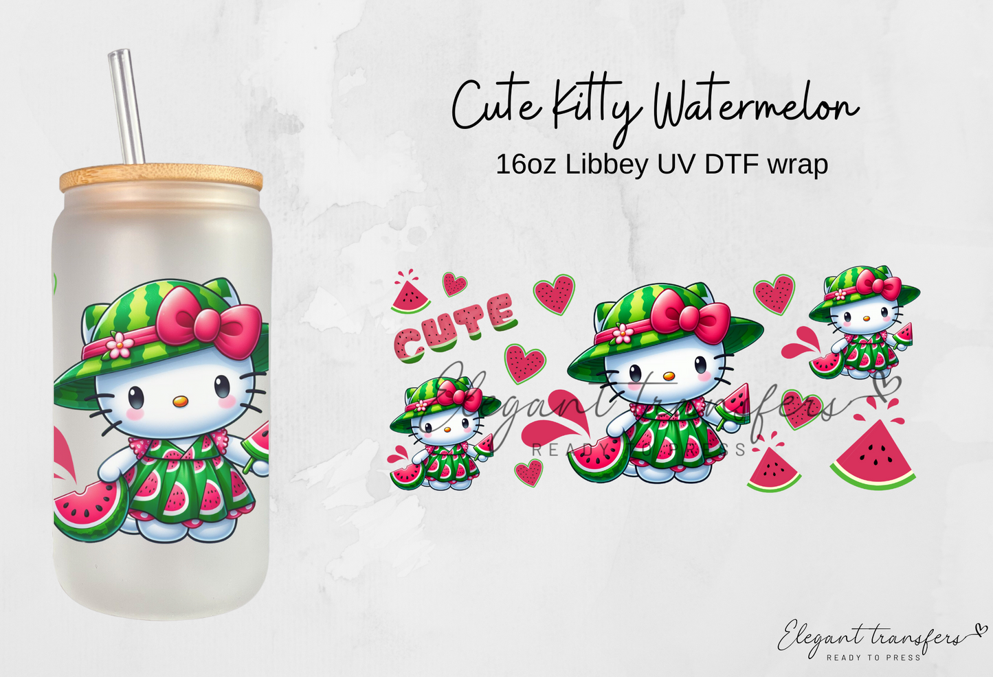 Cute Kitty Watermelon Wrap [UV DTF - 16oz Libbey Glass Can] | Ready to Apply | Physical Product | Transfer