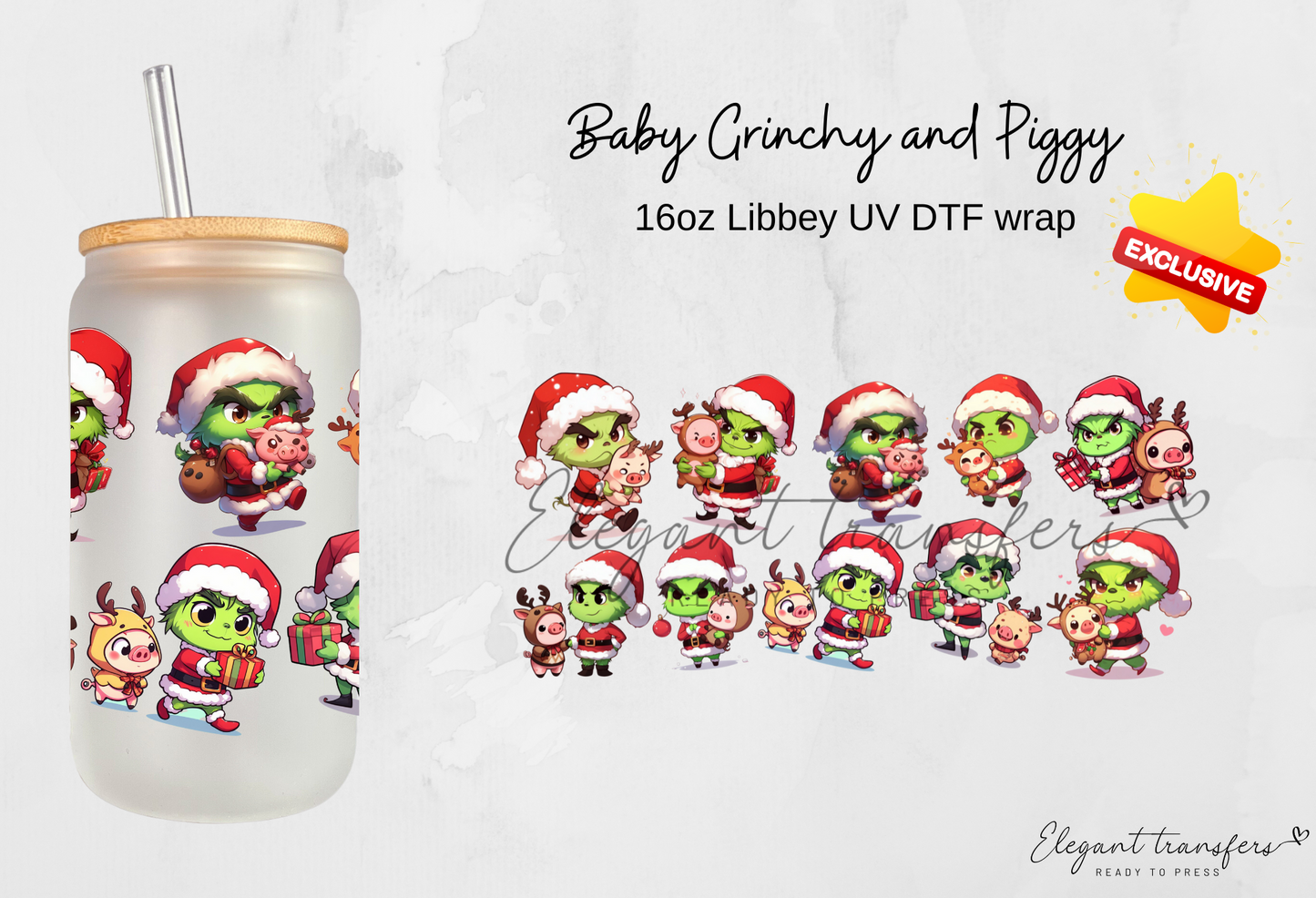 Baby Grinchy and Piggy [EXCLUSIVE UV DTF - 16oz Libbey Glass Can] | Ready to Apply | Physical Product