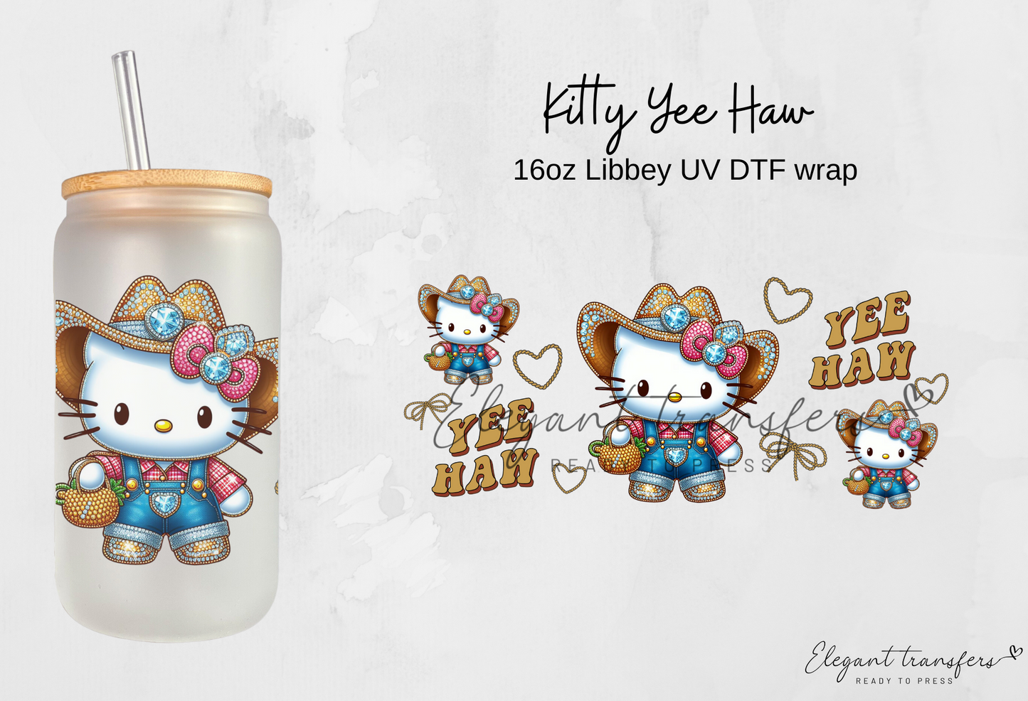 Kitty Yee Haw Wrap [UV DTF - 16oz Libbey Glass Can] | Ready to Apply | Physical Product | Transfer