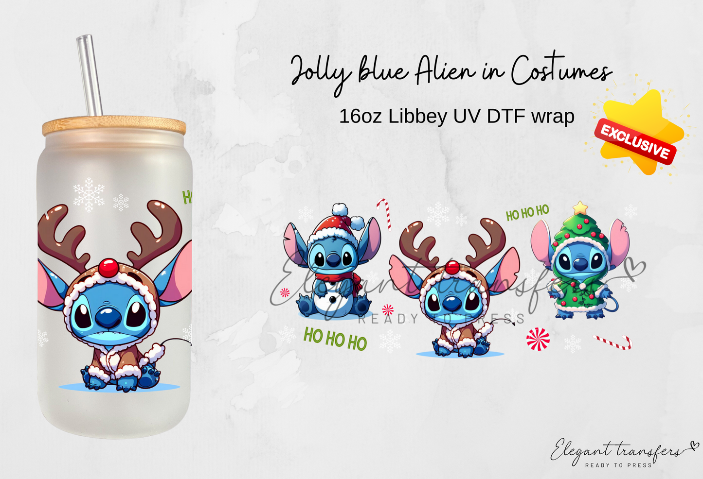 Jolly blue Alien in Costumes [EXCLUSIVE UV DTF - 16oz Libbey Glass Can] | Ready to Apply | Physical Product