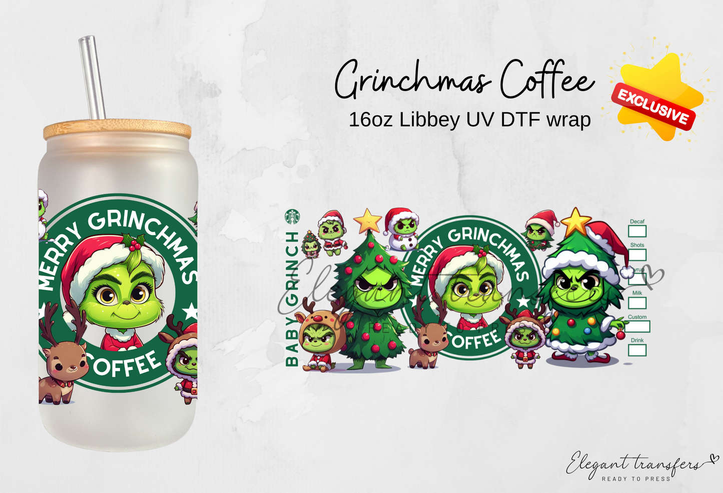 Grinchmas Coffee [EXCLUSIVE UV DTF - 16oz Libbey Glass Can] | Ready to Apply | Physical Product