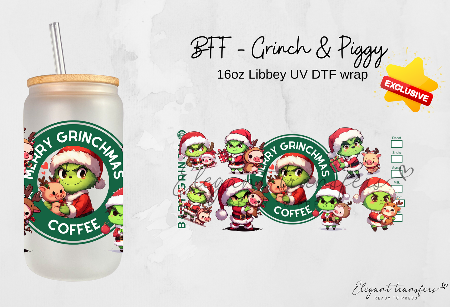 Bff- Grinch & Piggy wrap [EXCLUSIVE UV DTF - 16oz Libbey Glass Can] | Ready to Apply | Physical Product