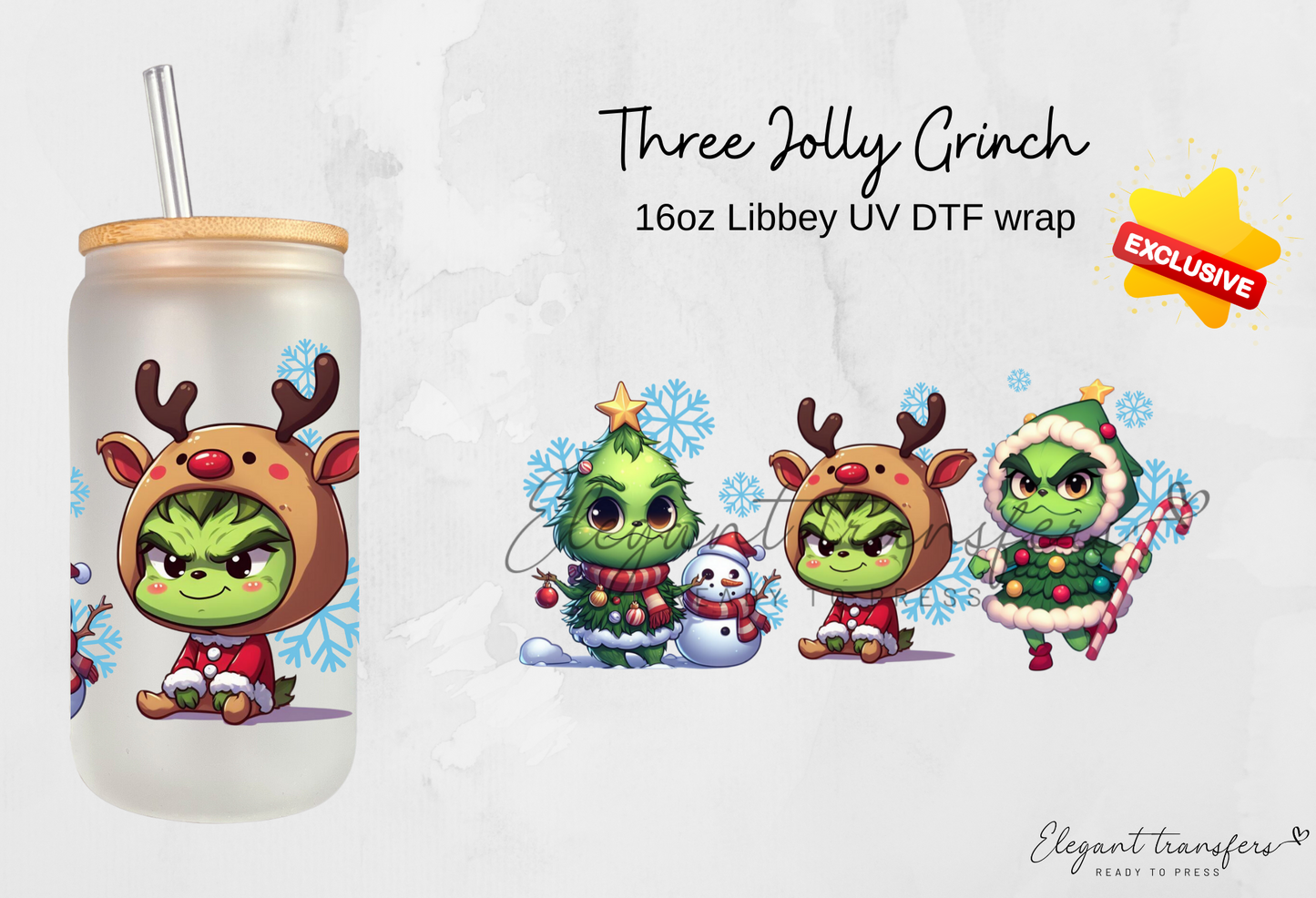 Three Jolly Grinch [EXCLUSIVE UV DTF - 16oz Libbey Glass Can] | Ready to Apply | Physical Product