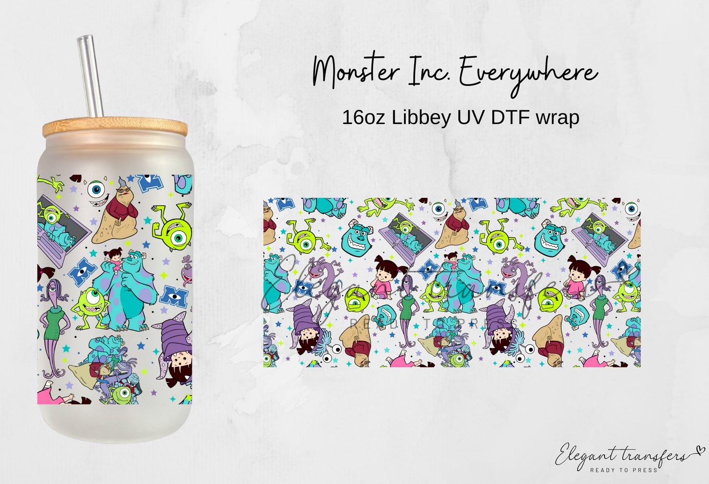 Monsters Inc. Everywhere Wrap [UV DTF - 16oz Libbey Glass Can] | Ready to Apply | Physical Product