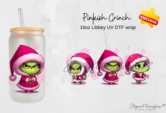 Pinkish Grinch [EXCLUSIVE UV DTF - 16oz Libbey Glass Can] | Ready to Apply | Physical Product