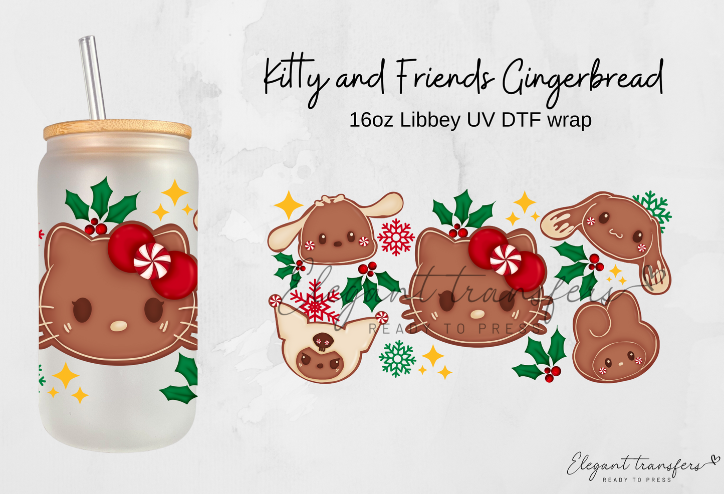 Kitty and Friends Gingerbread wrap [UV DTF - 16oz Libbey Glass Can] | Ready to Apply | Physical Product