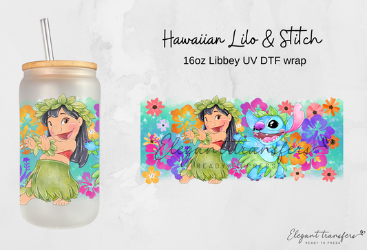 Hawaiian Lilo & Stitch Wrap [UV DTF - 16oz Libbey Glass Can] | Ready to Apply | Physical Product | Transfer