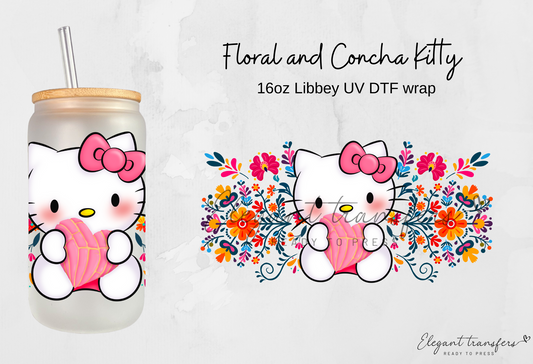 Floral and Concha Kitty Wrap [UV DTF - 16oz Libbey Glass Can] | Ready to Apply | Physical Product