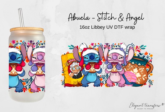 Abuela - Stitch & Angel [UV DTF - 16oz Libbey Glass Can] | Ready to Apply | Physical Product