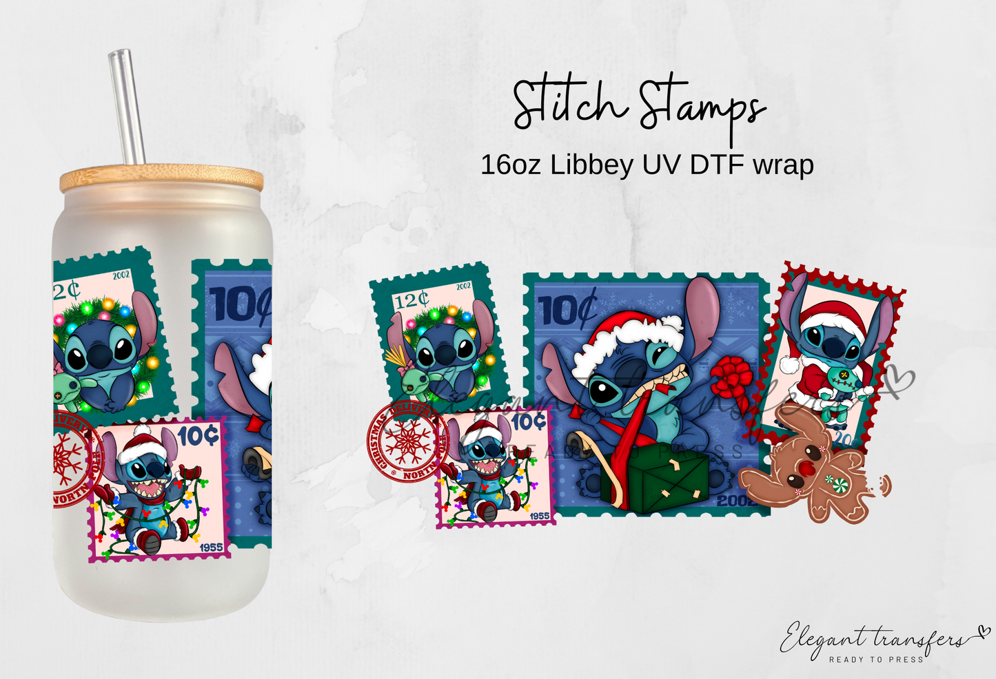 Stitch Stamps wrap [UV DTF - 16oz Libbey Glass Can] | Ready to Apply | Physical Product
