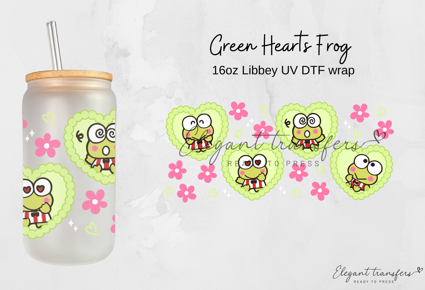 Green Hearts Frog Wrap [UV DTF - 16oz Libbey Glass Can] | Ready to Apply | Physical Product | Transfer