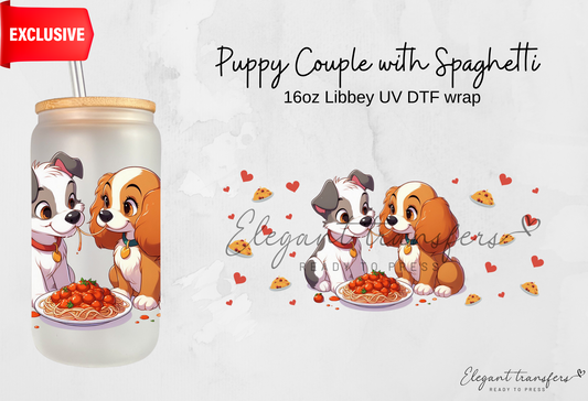 Puppy Couple with Spaghetti wrap [EXCLUSIVE UV DTF - 16oz Libbey Glass Can] | Ready to Apply | Physical Product