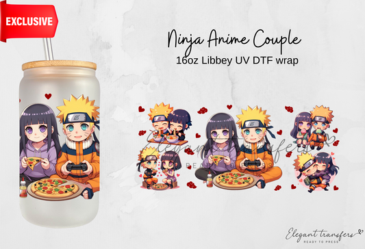 Ninja Anime Couple wrap [EXCLUSIVE UV DTF - 16oz Libbey Glass Can] | Ready to Apply | Physical Product