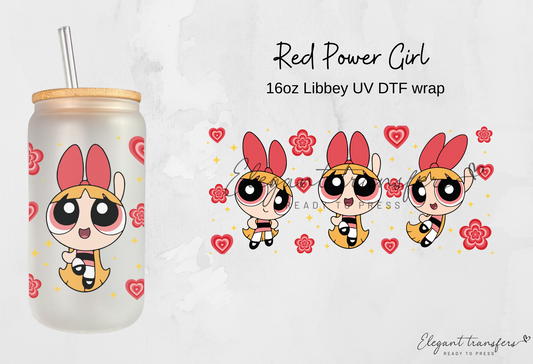 Red Power Girl Wrap [UV DTF - 16oz Libbey Glass Can] | Ready to Apply | Physical Product | Transfer