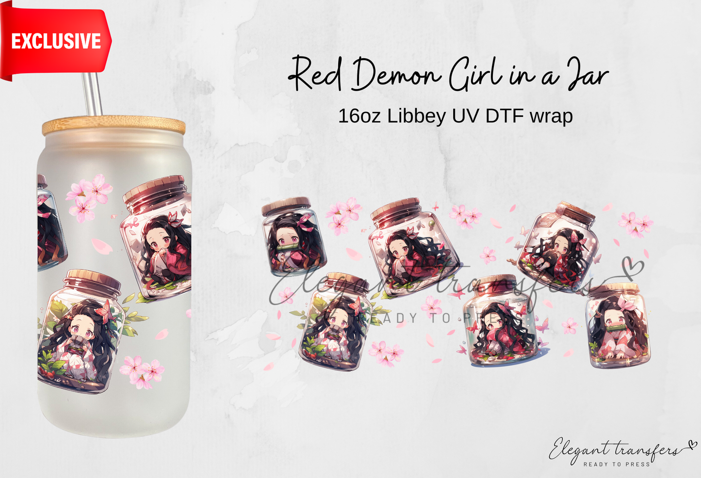 Red Demon Girl in a Jar wrap [EXCLUSIVE UV DTF - 16oz Libbey Glass Can] | Ready to Apply | Physical Product