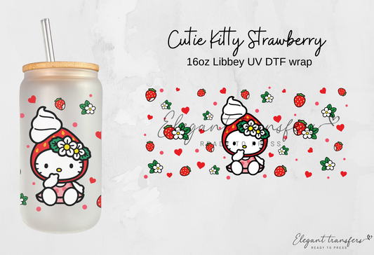 Cutie Kitty Strawberry Wrap [UV DTF - 16oz Libbey Glass Can] | Ready to Apply | Physical Product | Transfer