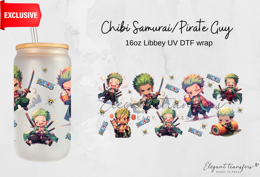 Chibi Samurai/Pirate Guy wrap [EXCLUSIVE UV DTF - 16oz Libbey Glass Can] | Ready to Apply | Physical Product