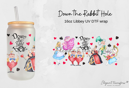 Down the Rabbit Hole Wrap [UV DTF - 16oz Libbey Glass Can] | Ready to Apply | Physical Product | Transfer