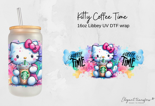 Kitty Coffee Time Wrap [UV DTF - 16oz Libbey Glass Can] | Ready to Apply | Physical Product | Transfer