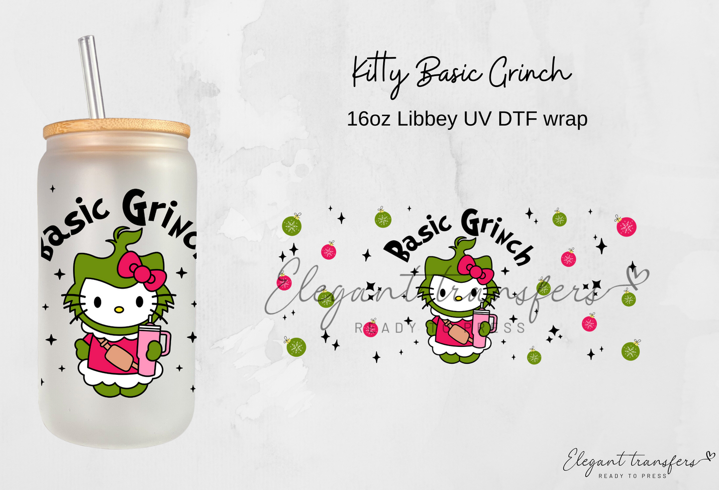 Kitty Basic Grinch Wrap [UV DTF - 16oz Libbey Glass Can] | Ready to Apply | Physical Product