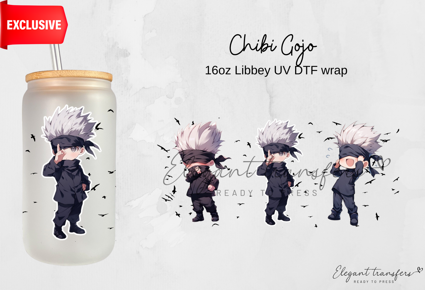 Chibi Gojo wrap [EXCLUSIVE UV DTF - 16oz Libbey Glass Can] | Ready to Apply | Physical Product