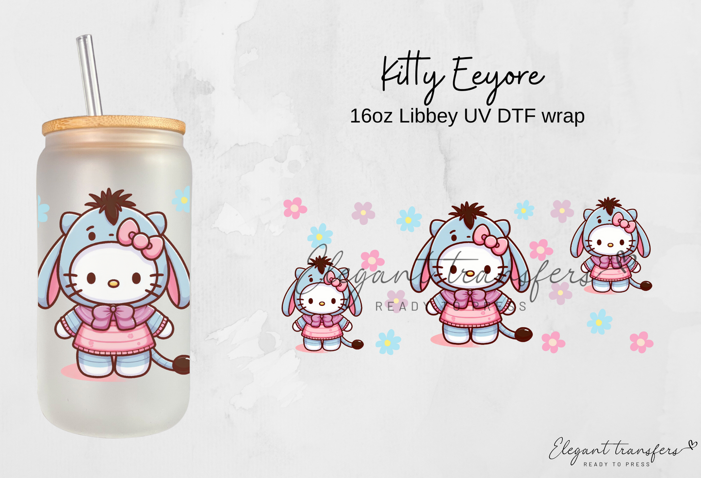 Kitty Eeyore Wrap [UV DTF - 16oz Libbey Glass Can] | Ready to Apply | Physical Product | Transfer
