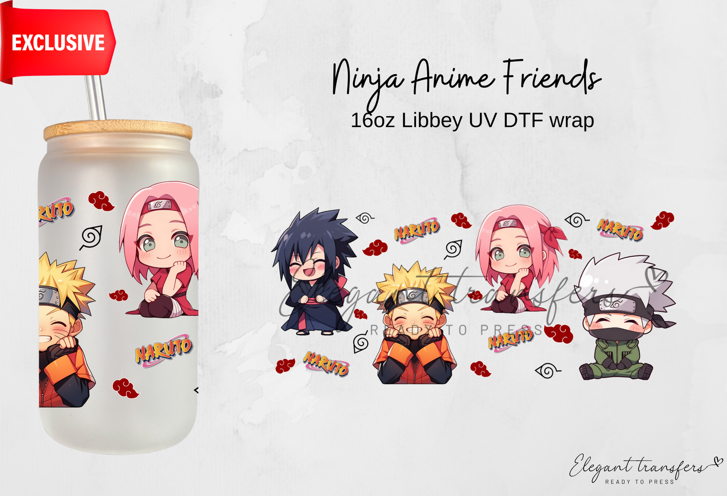 Ninja Anime Friends wrap [EXCLUSIVE UV DTF - 16oz Libbey Glass Can] | Ready to Apply | Physical Product
