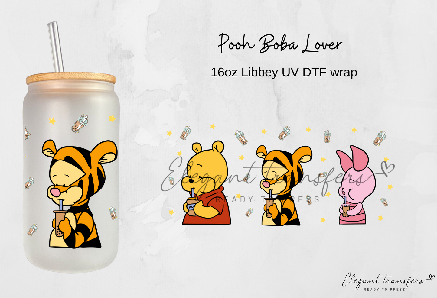 Pooh Boba Lover Wrap [UV DTF - 16oz Libbey Glass Can] | Ready to Apply | Physical Item