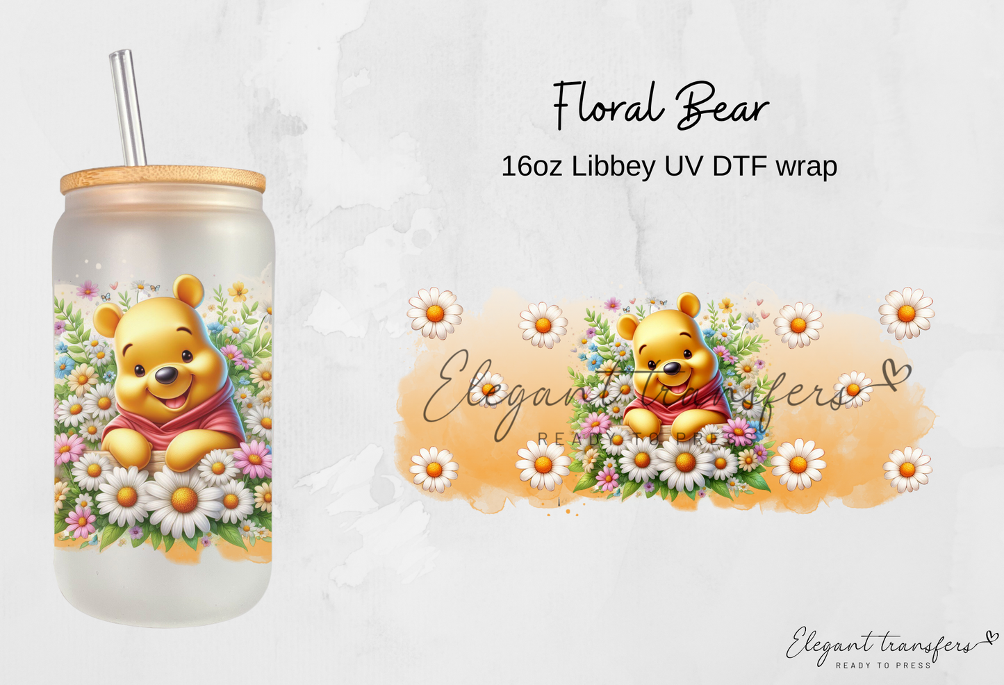 Floral Bear Wrap [UV DTF - 16oz Libbey Glass Can] | Ready to Apply | Physical Product | Transfer