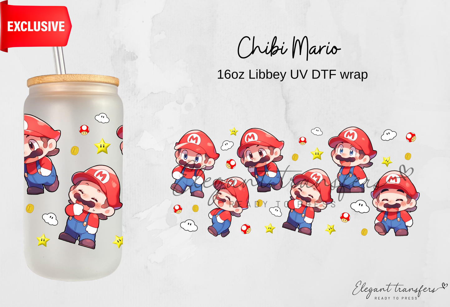 Chibi Mario wrap [EXCLUSIVE UV DTF - 16oz Libbey Glass Can] | Ready to Apply | Physical Product