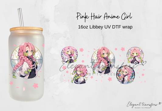 Pink Hair Slayer Anime Girl Wrap [UV DTF - 16oz Libbey Glass Can] | Ready to Apply | Physical Item