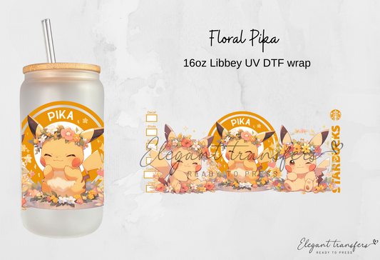 Floral Pika Wrap [UV DTF - 16oz Libbey Glass Can] | Ready to Apply | This is a Physical Product | Transfer | Waterproof | Anti-scratch