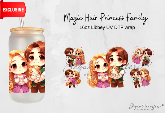 Magic Hair Princess Family wrap [EXCLUSIVE UV DTF - 16oz Libbey Glass Can] | Ready to Apply | Physical Product