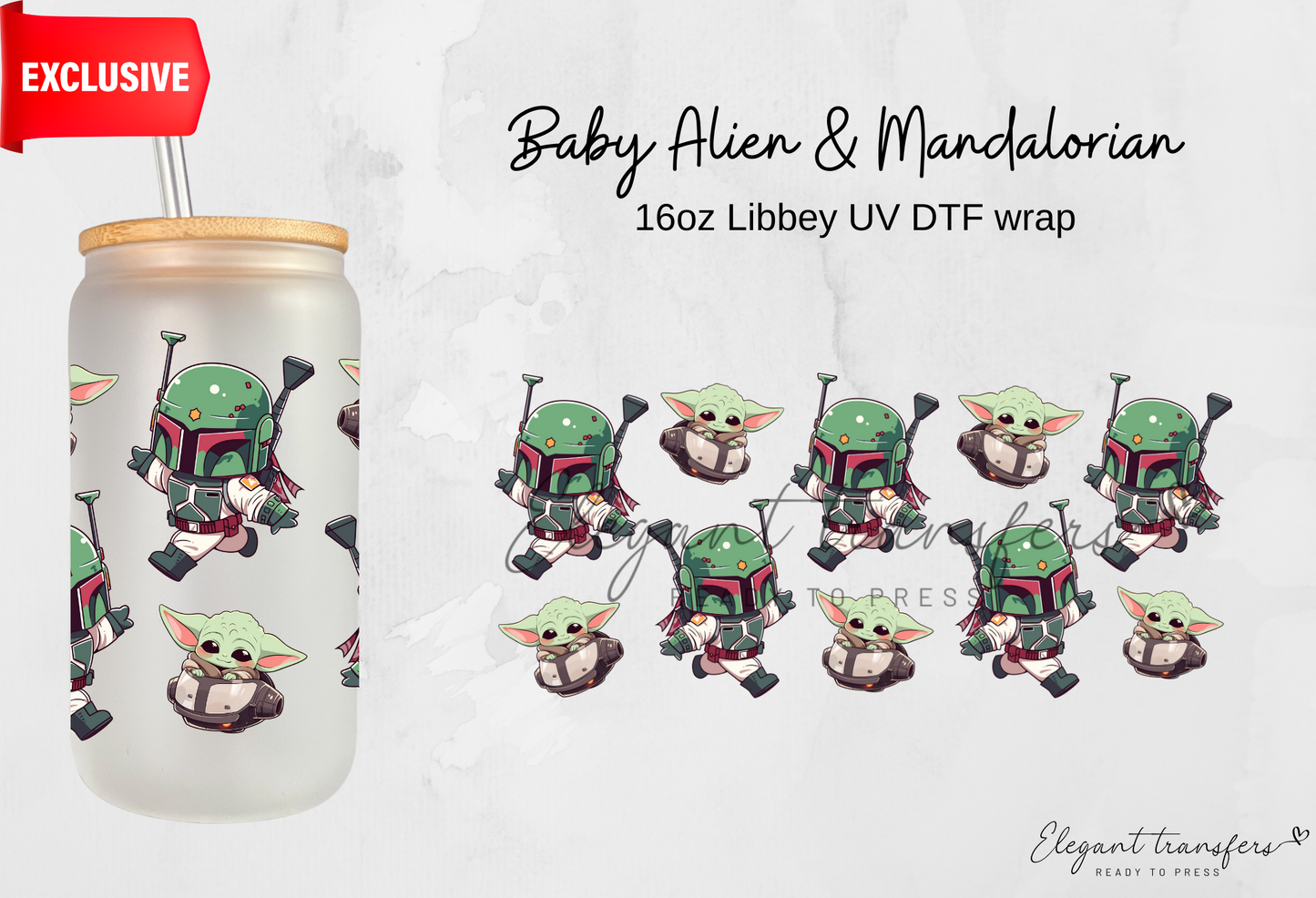 Baby Alien & Mandalorian wrap [EXCLUSIVE UV DTF - 16oz Libbey Glass Can] | Ready to Apply | Physical Product