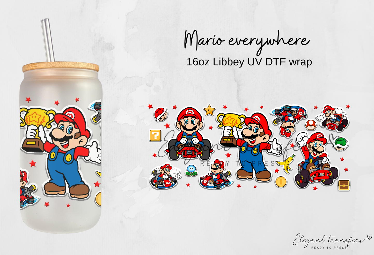 Mario everywhere Wrap [UV DTF - 16oz Libbey Glass Can] | Ready to Apply | Physical Product | Transfer