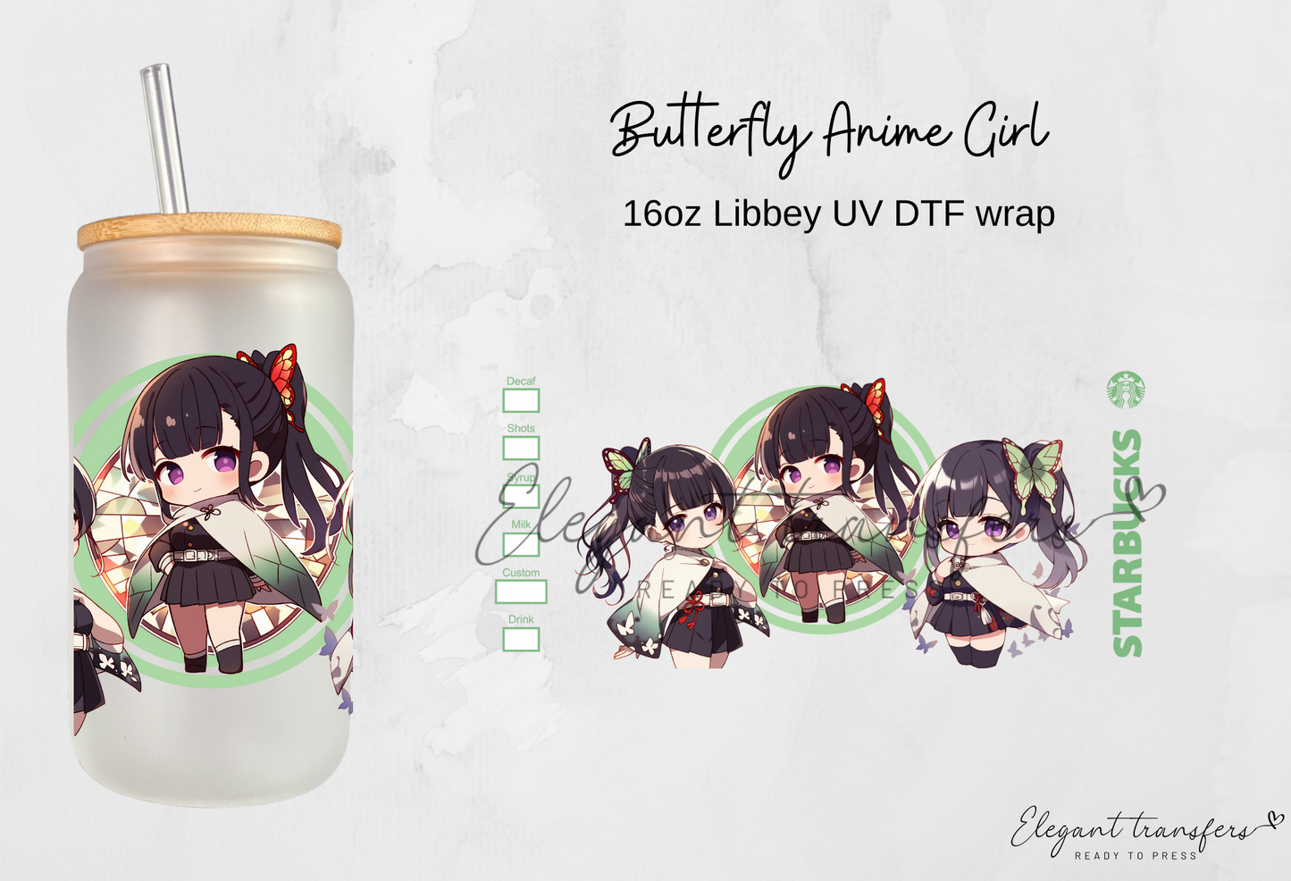 Butterfly Anime Girl Wrap [UV DTF - 16oz Libbey Glass Can] | Ready to Apply | Physical Product |