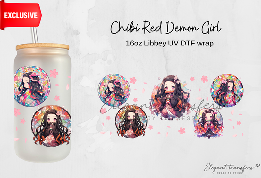 Chibi Red Demon Girl wrap [EXCLUSIVE UV DTF - 16oz Libbey Glass Can] | Ready to Apply | Physical Product