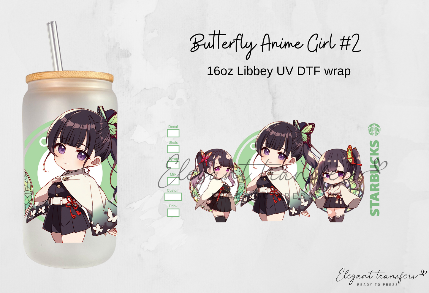 Butterfly Anime Girl #2 Wrap [UV DTF - 16oz Libbey Glass Can] | Ready to Apply | Physical Product | Transfer