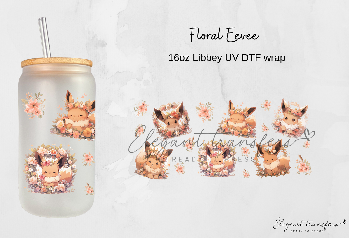 Floral Eevee Wrap [UV DTF - 16oz Libbey Glass Can] | Ready to Apply | Physical Product | Transfer