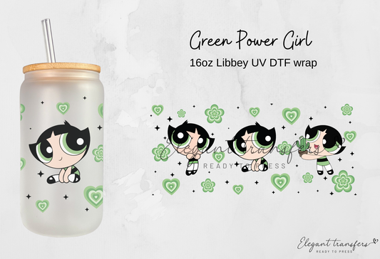 Green Power Girl Wrap [UV DTF - 16oz Libbey Glass Can] | Ready to Apply | Physical Product | Transfer