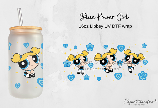 Blue Power Girl Wrap [UV DTF - 16oz Libbey Glass Can] | Ready to Apply | Physical Product | Transfer