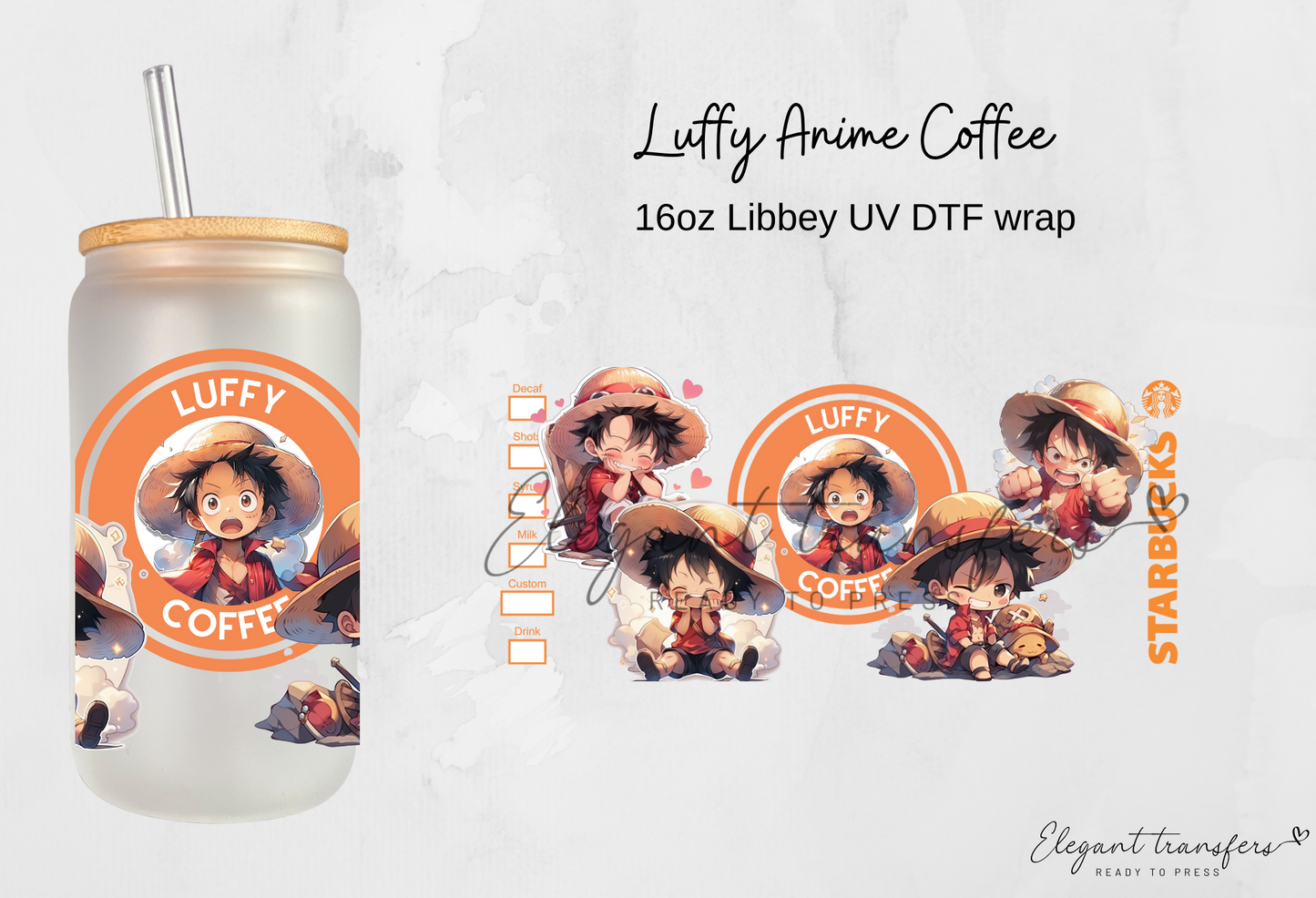 Luffy Anime Coffee Wrap [UV DTF - 16oz Libbey Glass Can] | Ready to Apply | Physical Product