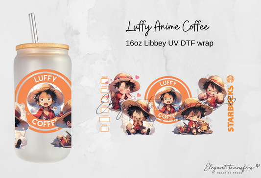 Luffy Anime Coffee Wrap [UV DTF - 16oz Libbey Glass Can] | Ready to Apply | Physical Product