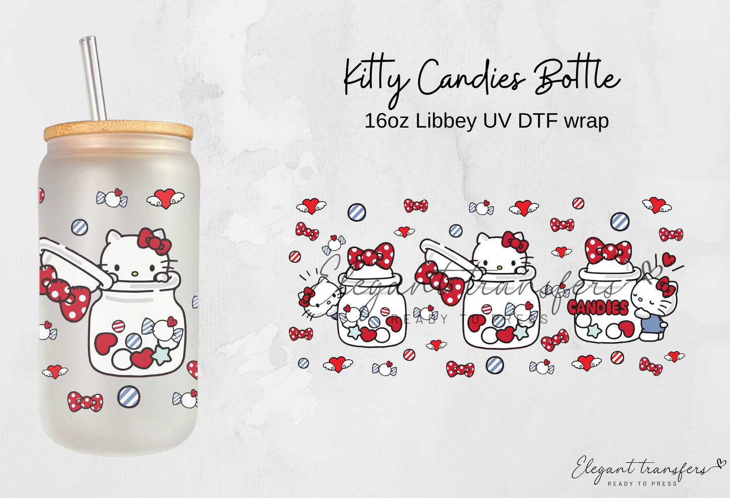 Kitty Candies Bottle Wrap [UV DTF - 16oz Libbey Glass Can] | Ready to Apply | Physical Product | Transfer